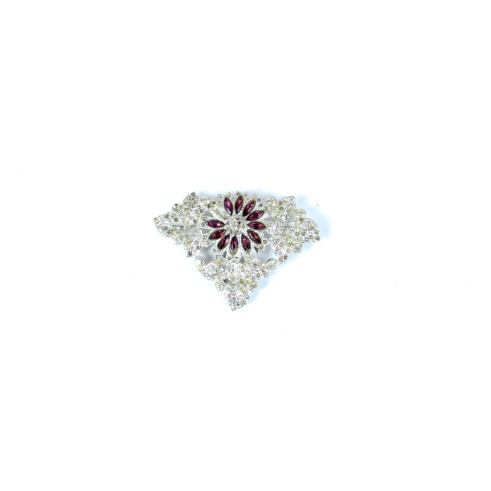 Vintage 1930s 40s Art Deco Dress Clip Ruby Red Clear Rhinestone Floral Silver